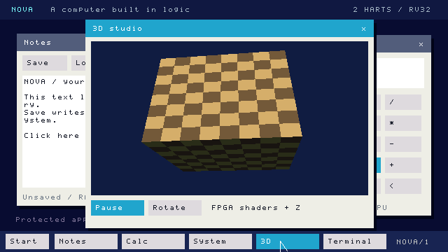 The NOVA desktop: a 3D Studio window showing a textured checkerboard cube, with Notes and Calculator windows behind it and a taskbar along the bottom.
